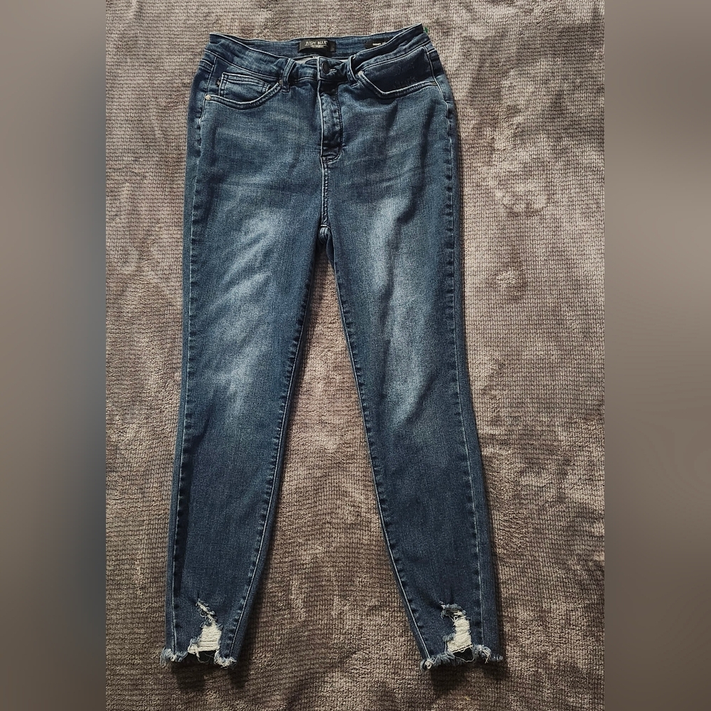 Judy Blue Womens Skinny Fit 11/30 Stretch Distressed Raw Hem Med Wash